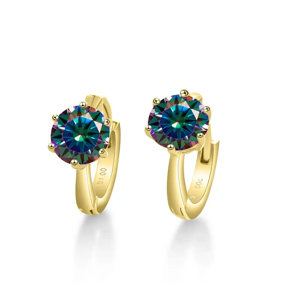 Colorful Solitaire Moissanite Hoop Earrings in Sterling Silver — Gold-Tone / Rainbow