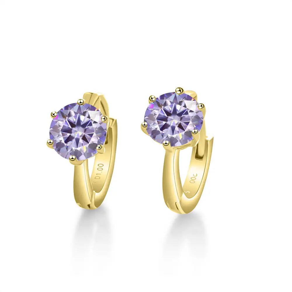 Colorful Solitaire Moissanite Hoop Earrings in Sterling Silver — Gold-Tone / Light Purple