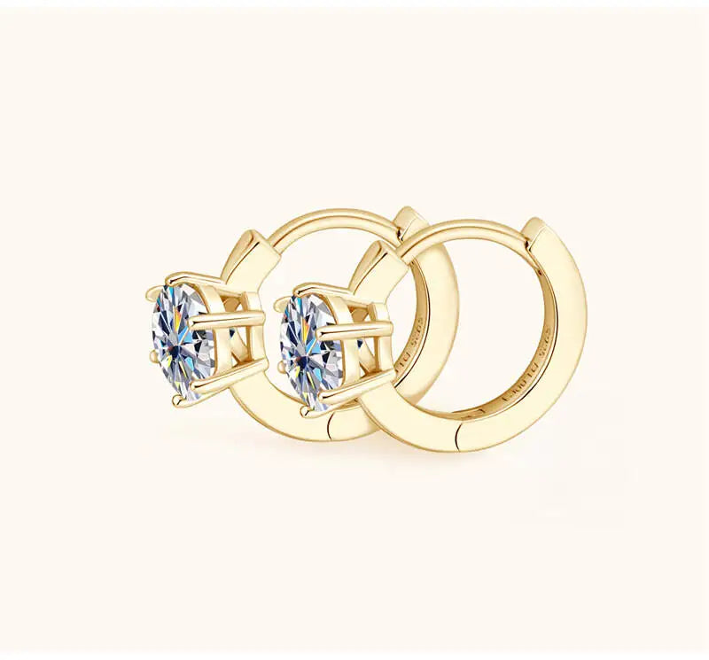 Colorful Solitaire Moissanite Hoop Earrings in Sterling Silver — Gold-Tone hoops with White stones