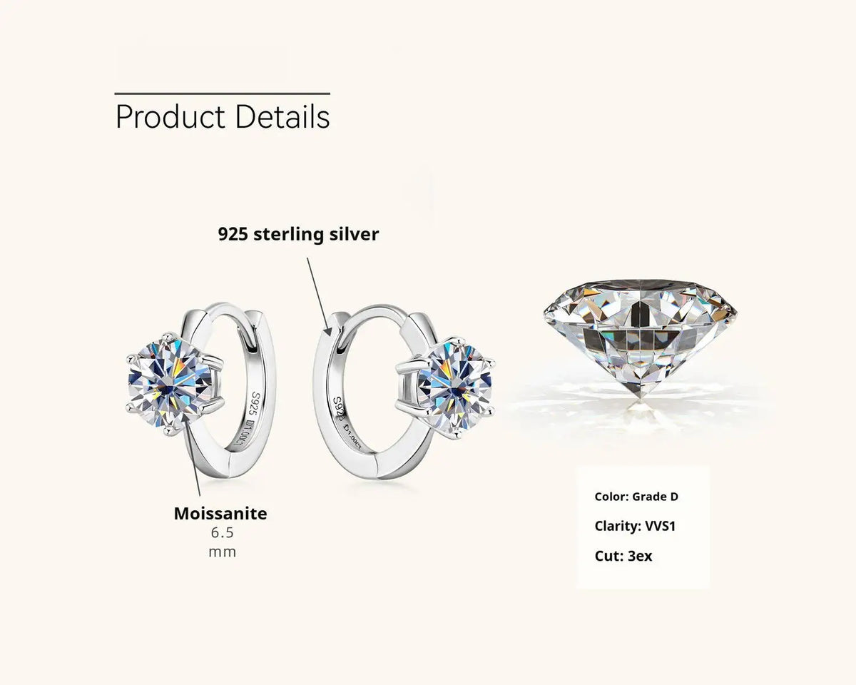 Colorful Solitaire Moissanite Hoop Earrings in Sterling Silver — Silver construction and 6.5mm stone details
