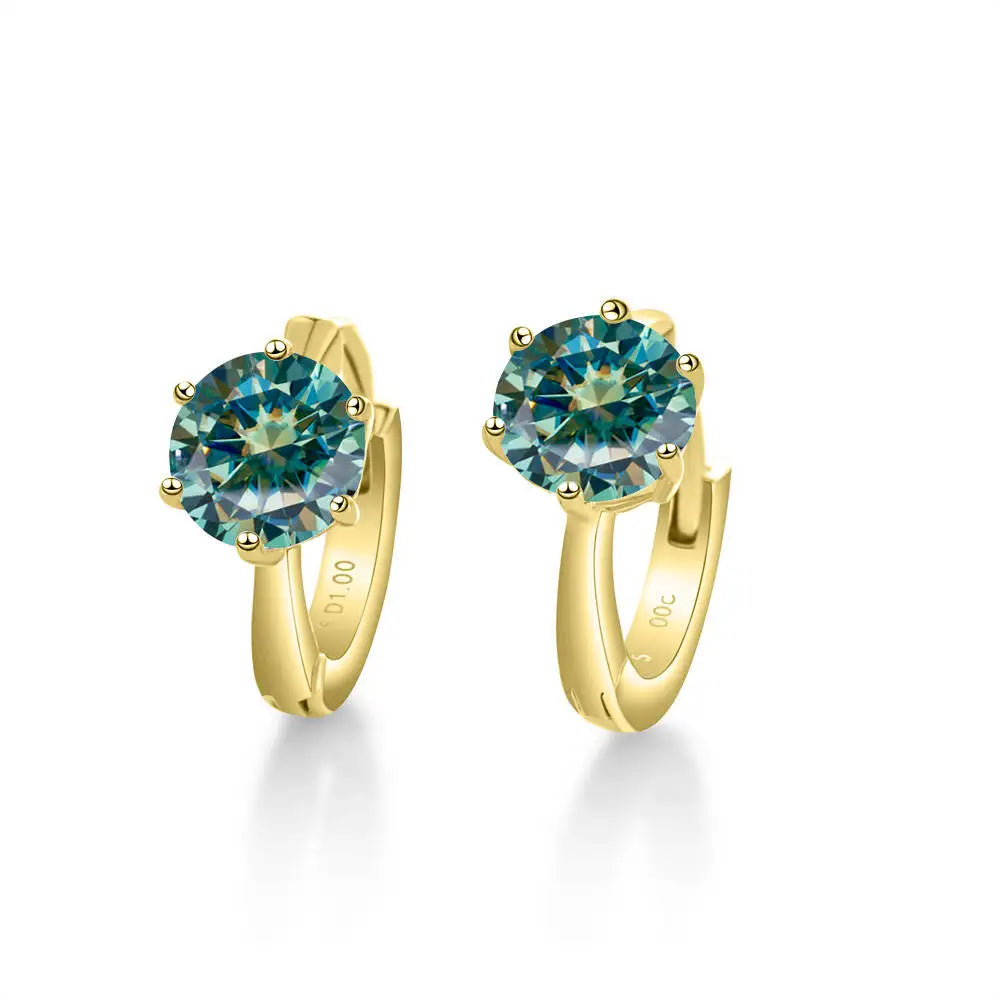 Colorful Solitaire Moissanite Hoop Earrings in Sterling Silver — Gold-Tone / Blue-Green