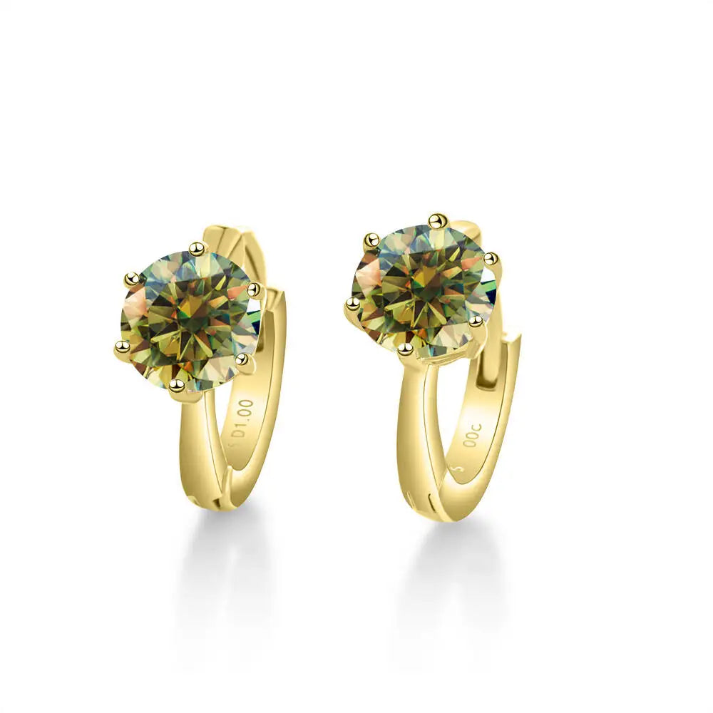 Colorful Solitaire Moissanite Hoop Earrings in Sterling Silver — Gold-Tone / Yellow-Green