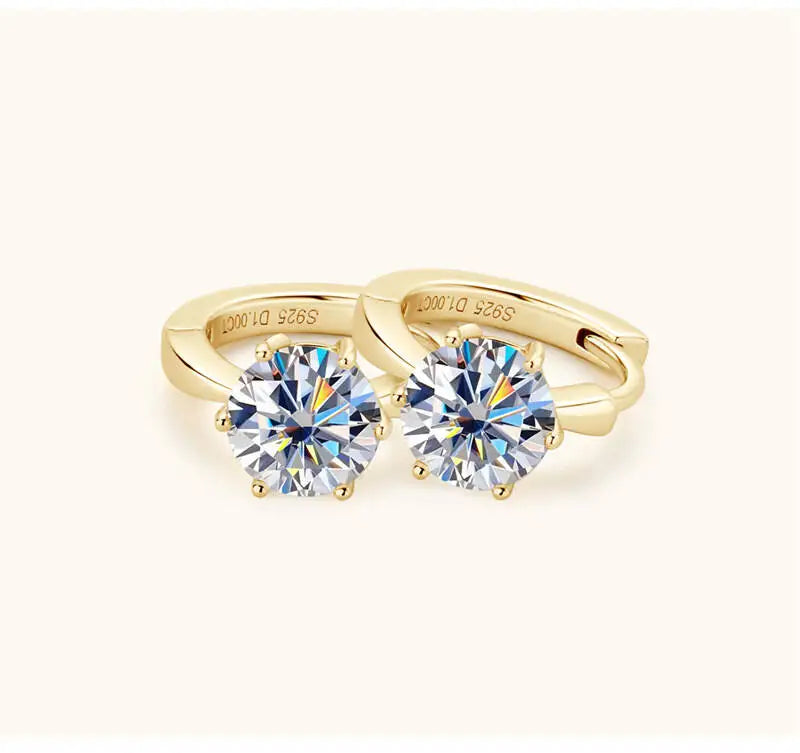 Colorful Solitaire Moissanite Hoop Earrings in Sterling Silver — Gold-Tone White stone pair