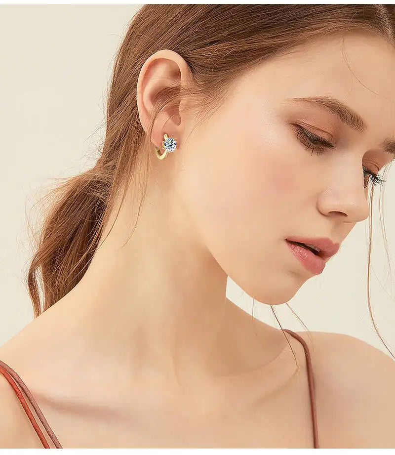 Colorful Solitaire Moissanite Hoop Earrings in Sterling Silver — Hoop earrings styled on the ear