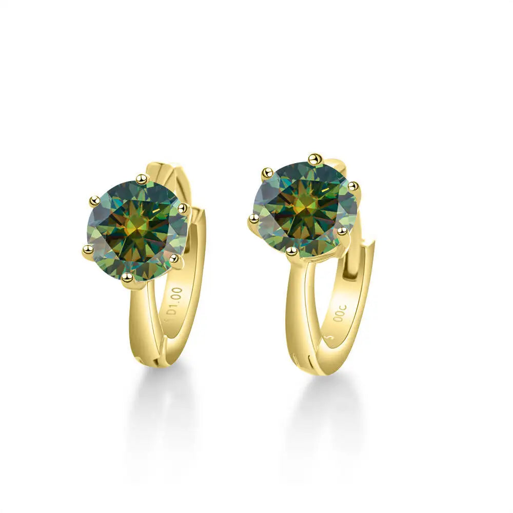 Colorful Solitaire Moissanite Hoop Earrings in Sterling Silver — Gold-Tone / Dark Green