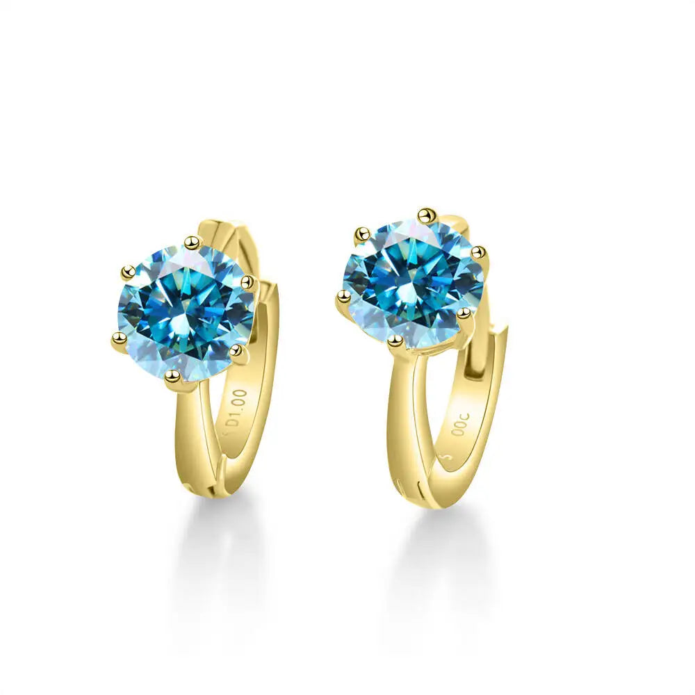 Colorful Solitaire Moissanite Hoop Earrings in Sterling Silver — Gold-Tone / Sea Blue