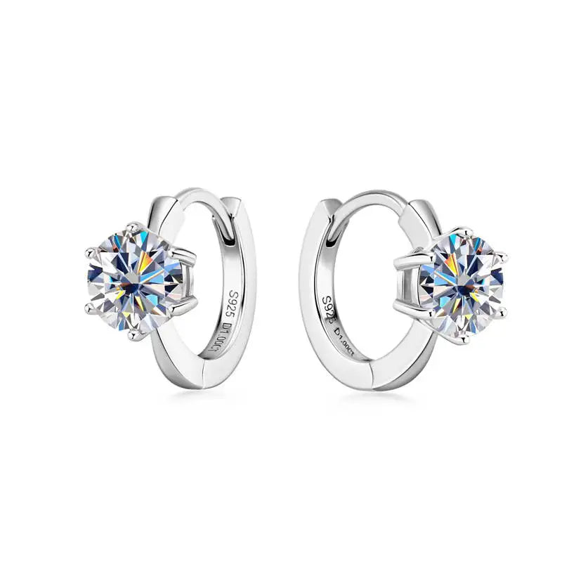 Colorful Solitaire Moissanite Hoop Earrings in Sterling Silver — Silver hoops with White stones
