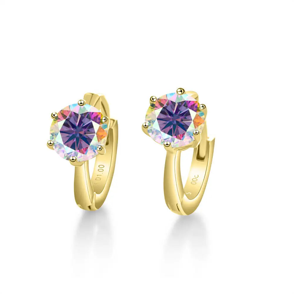Colorful Solitaire Moissanite Hoop Earrings in Sterling Silver — Gold-Tone / Purple Multicolor