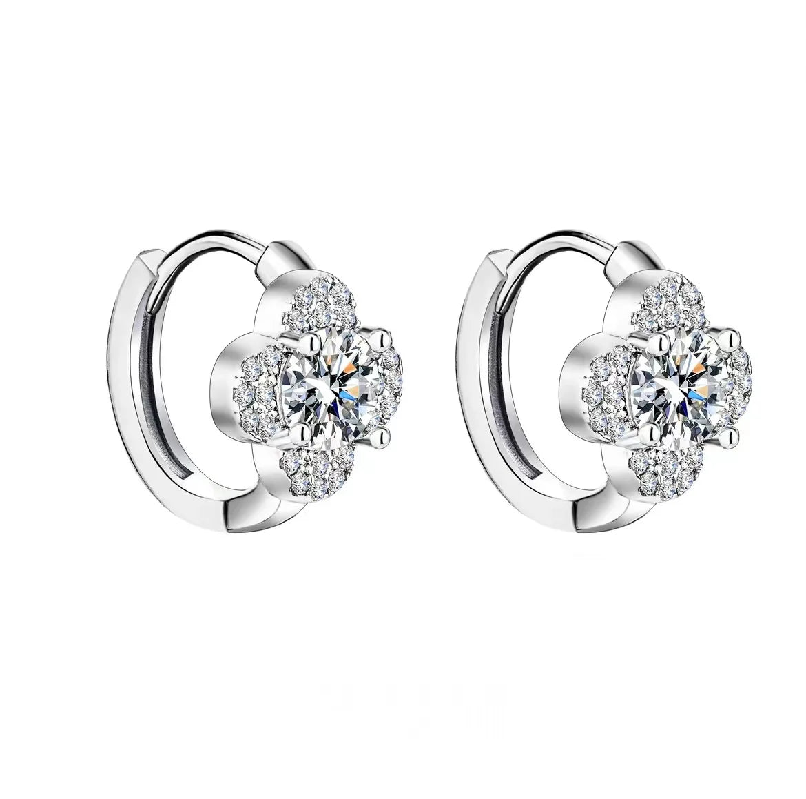 Clover Halo Moissanite Hoop Earrings in 925 Sterling Silver — Silver pair