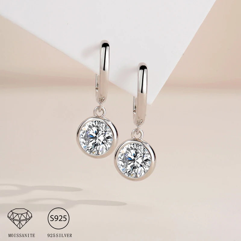 Bezel Moissanite Hoop Drop Earrings in Sterling Silver — Hoop and bezel drop pair