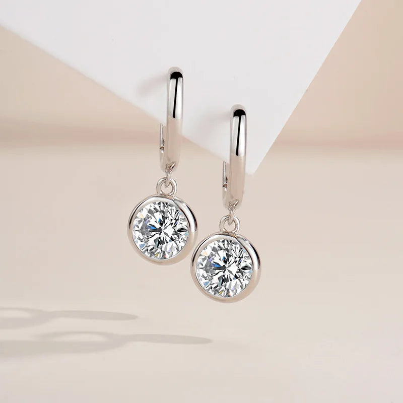 Bezel Moissanite Hoop Drop Earrings in Sterling Silver — Pair on display