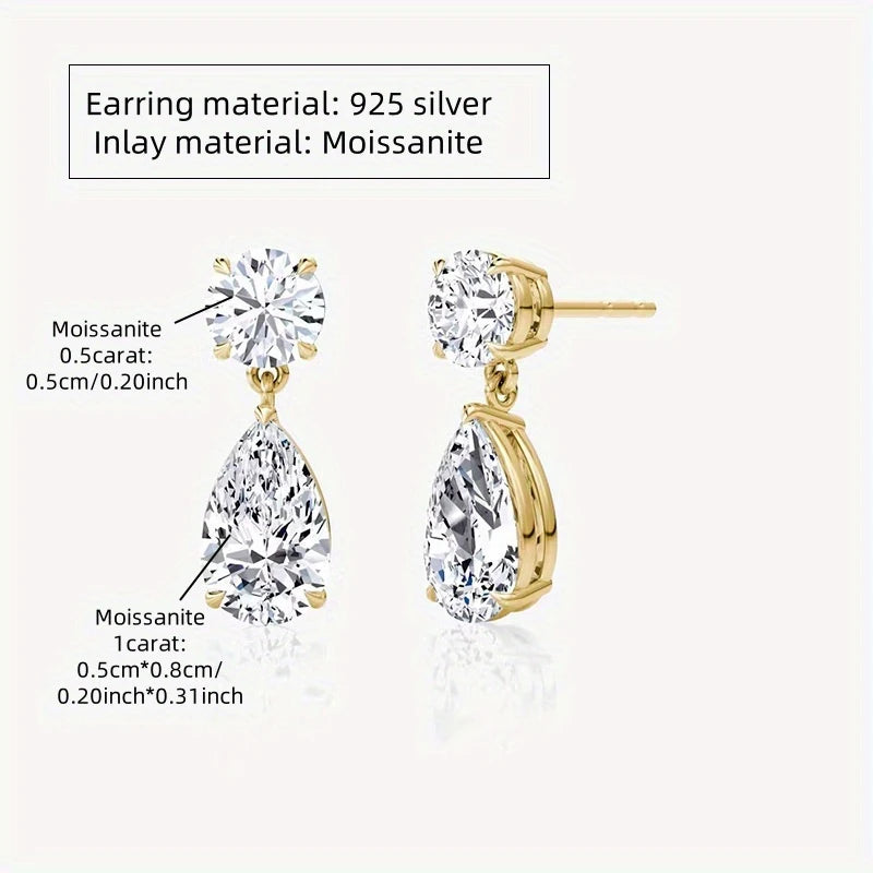 Round & Pear Moissanite Drop Earrings in Sterling Silver - Round and pear stone dimensions