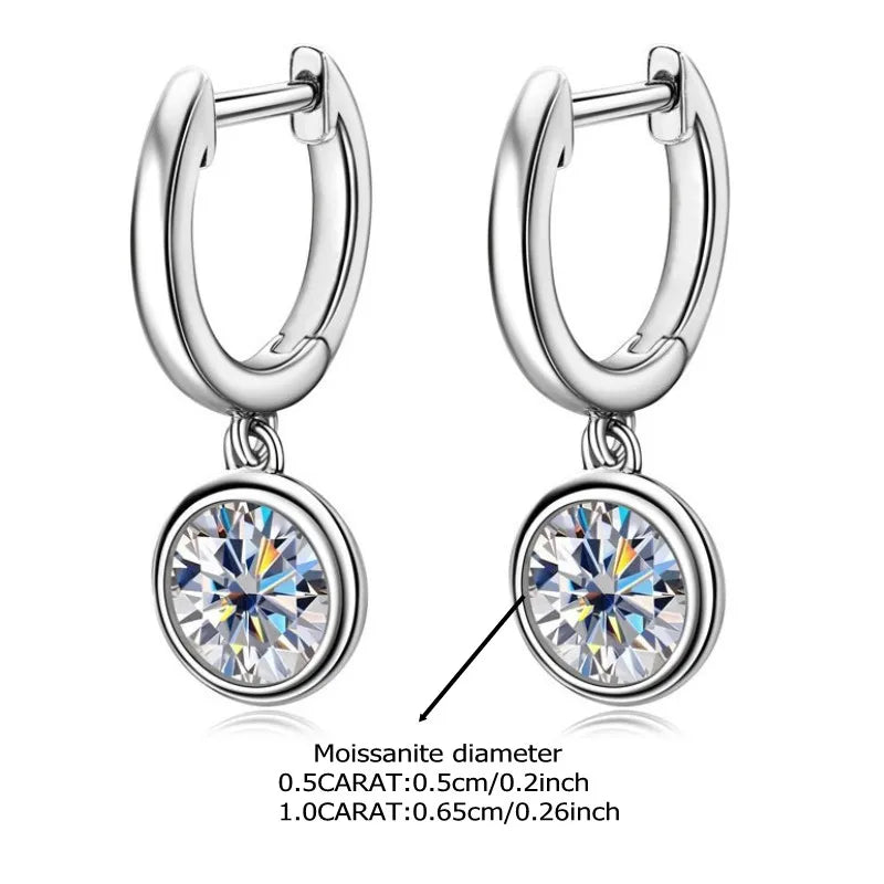 Bezel Moissanite Hoop Drop Earrings in Sterling Silver — Stone size comparison