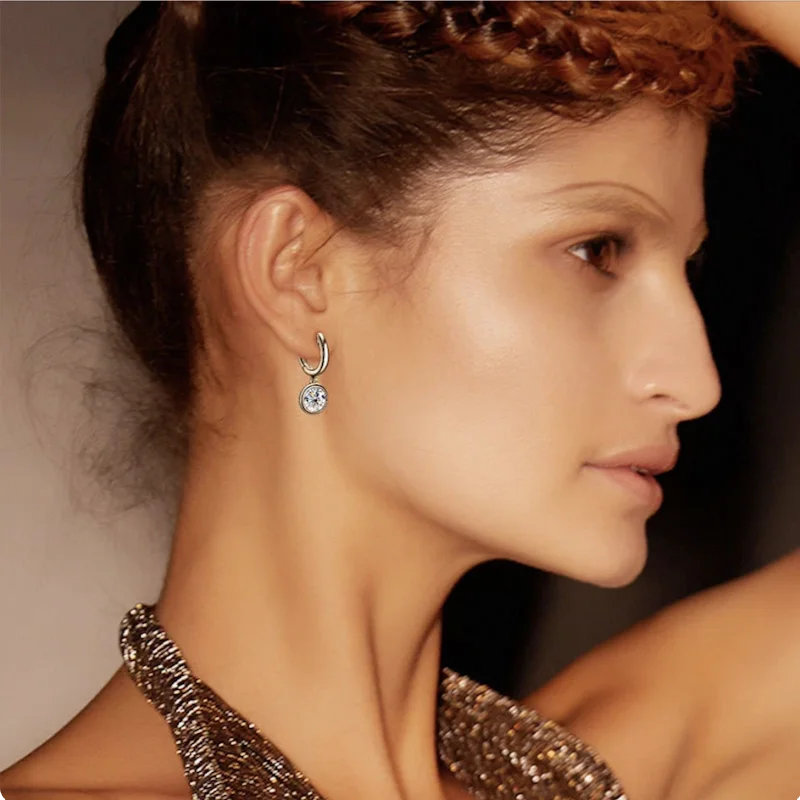 Bezel Moissanite Hoop Drop Earrings in Sterling Silver — Worn on ear