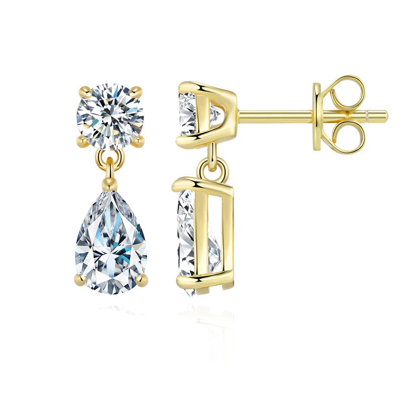 Round & Pear Moissanite Drop Earrings in Sterling Silver - Gold-tone front and side views