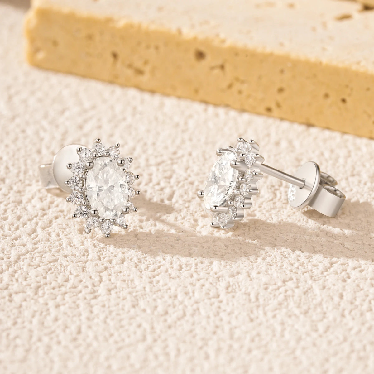 Oval Moissanite Floral Halo Stud Earrings in Sterling Silver - Oval studs and butterfly backs