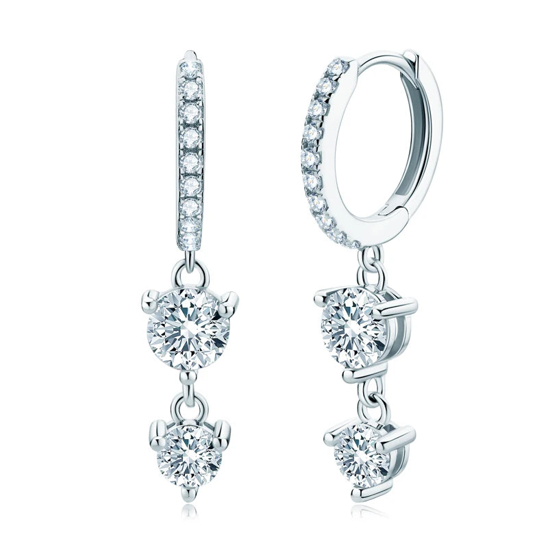 Two-Stone Moissanite Hoop Drop Earrings in Sterling Silver — Silver finish