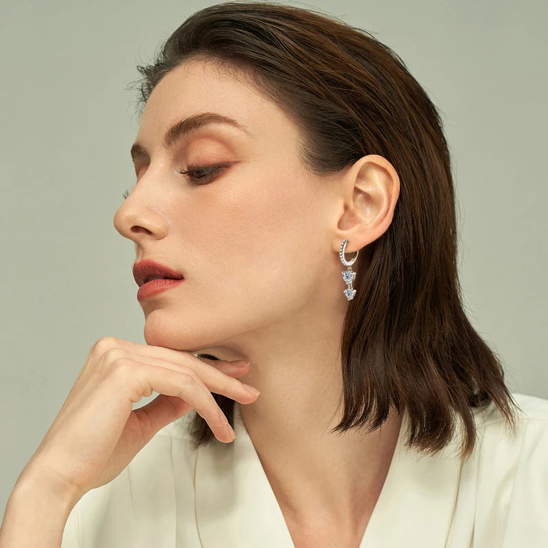 Two-Stone Moissanite Hoop Drop Earrings in Sterling Silver — Drop earrings styled on the ear