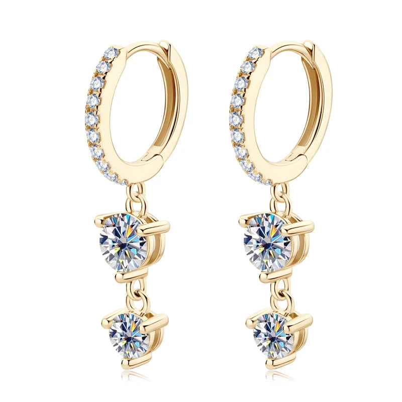 Two-Stone Moissanite Hoop Drop Earrings in Sterling Silver — Gold-Tone hoop and setting details