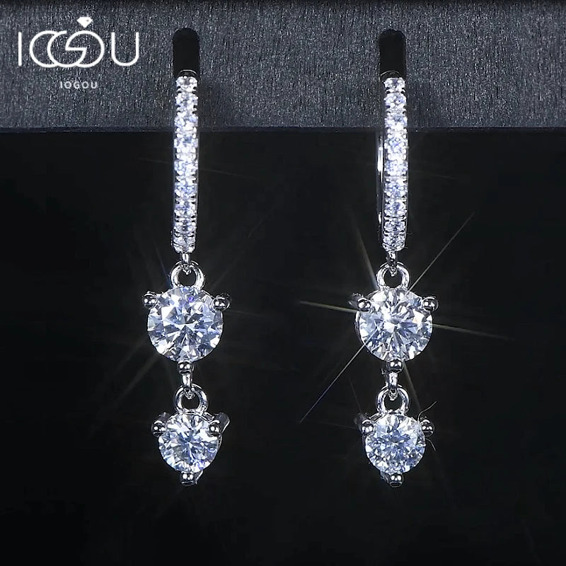 Two-Stone Moissanite Hoop Drop Earrings in Sterling Silver — Silver two-stone drops