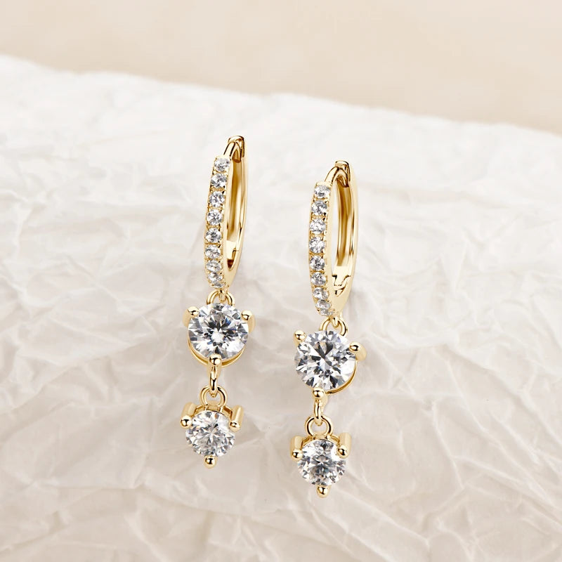 Two-Stone Moissanite Hoop Drop Earrings in Sterling Silver — Gold-Tone two-stone drops