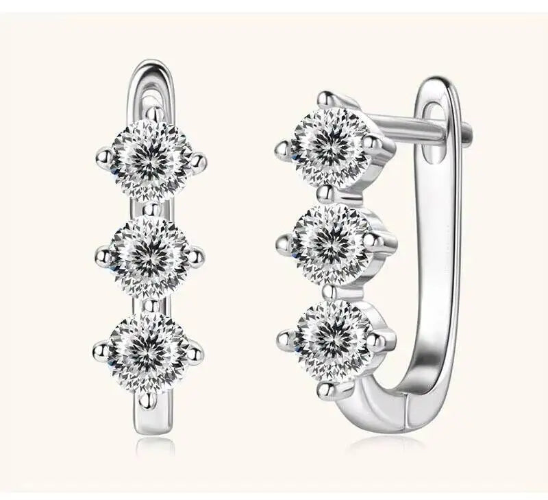Colored Three-Stone Moissanite Hoop Earrings in Silver — White 100 Cut silver pair