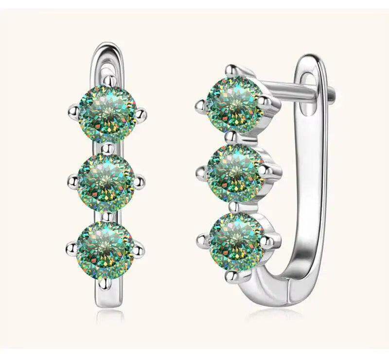 Colored Three-Stone Moissanite Hoop Earrings in Silver — Green 100 Cut silver pair