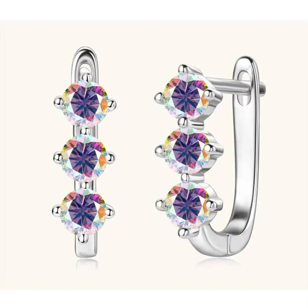 Colored Three-Stone Moissanite Hoop Earrings in Silver — Multicolor stones in silver hoops
