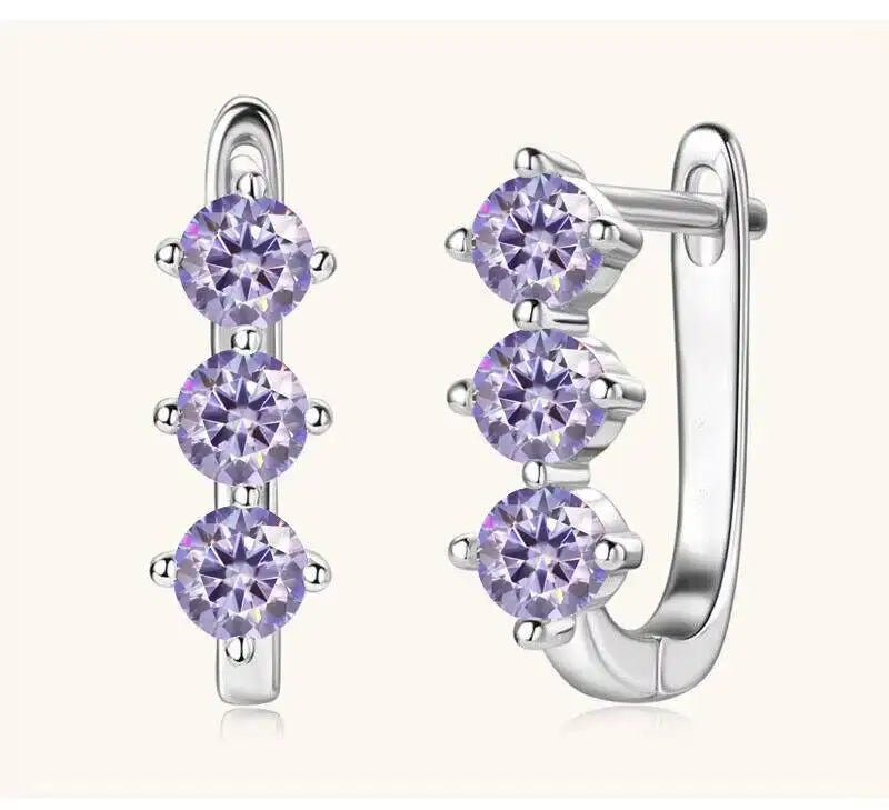 Colored Three-Stone Moissanite Hoop Earrings in Silver — Light purple silver pair
