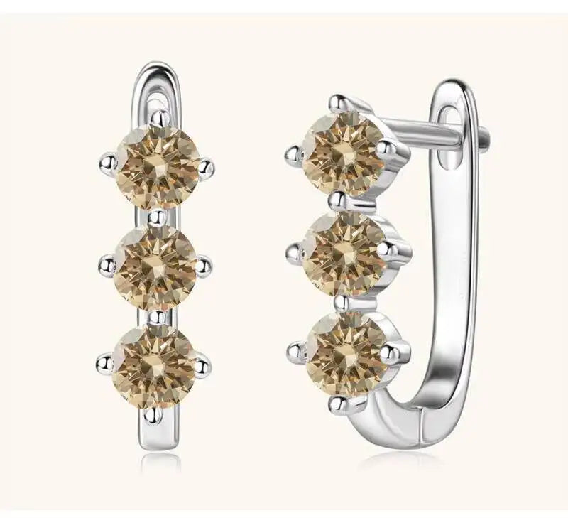 Colored Three-Stone Moissanite Hoop Earrings in Silver — Champagne silver pair