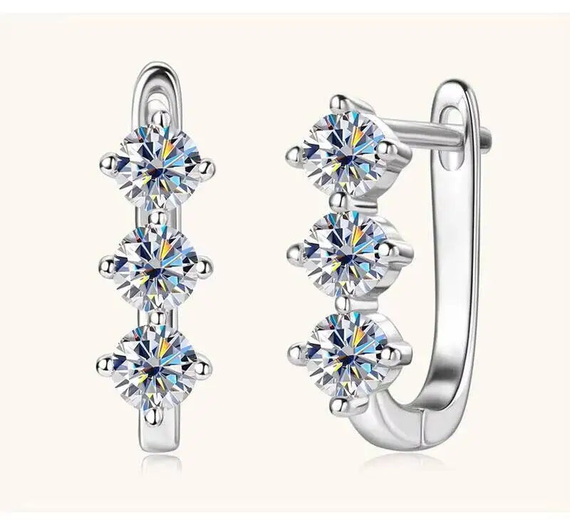 Colored Three-Stone Moissanite Hoop Earrings in Silver — White silver pair
