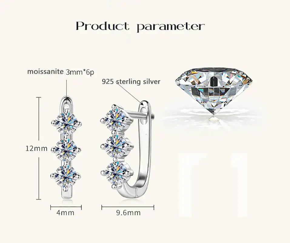 Colored Three-Stone Moissanite Hoop Earrings in Silver — Three-stone hoop dimensions