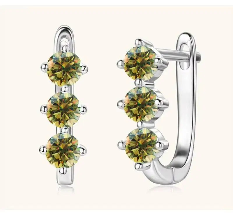 Colored Three-Stone Moissanite Hoop Earrings in Silver — Yellow green silver pair