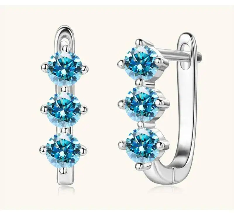 Colored Three-Stone Moissanite Hoop Earrings in Silver — Blue silver pair