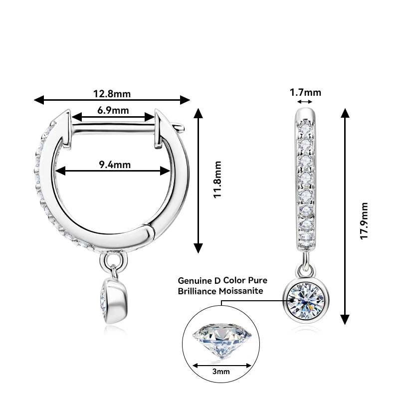 Bezel Drop Moissanite Huggie Earrings in Sterling Silver — Silver hoop and 3mm stone dimensions