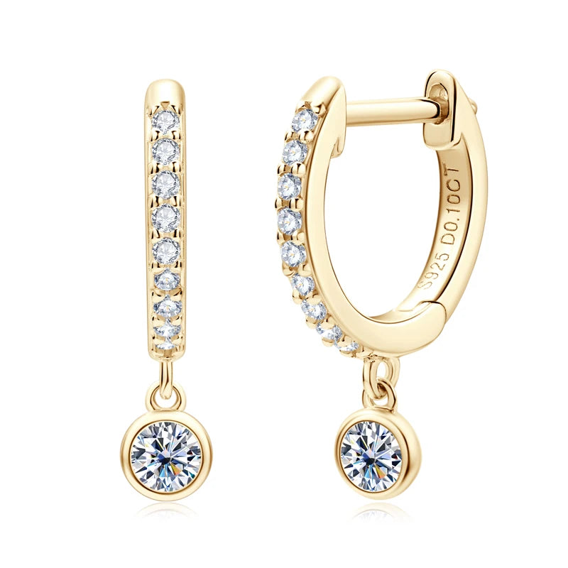 Bezel Drop Moissanite Huggie Earrings in Sterling Silver — Gold-Tone hinged hoop detail