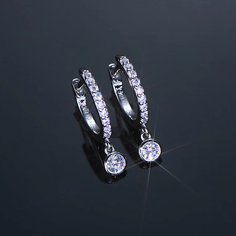 Bezel Drop Moissanite Huggie Earrings in Sterling Silver — Silver bezel-drop hoops