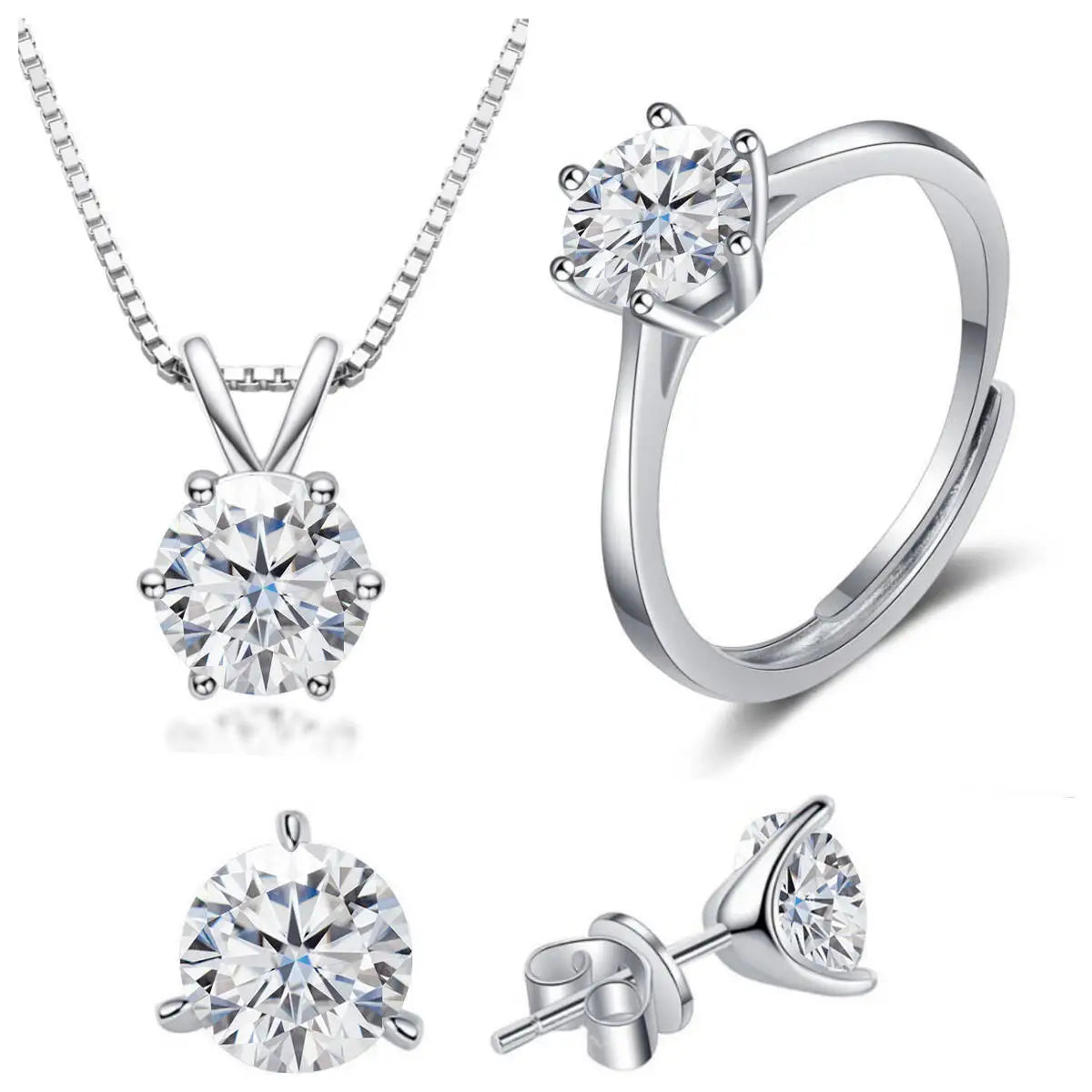 Colored Moissanite Necklace, Stud Earrings & Ring Set — White set