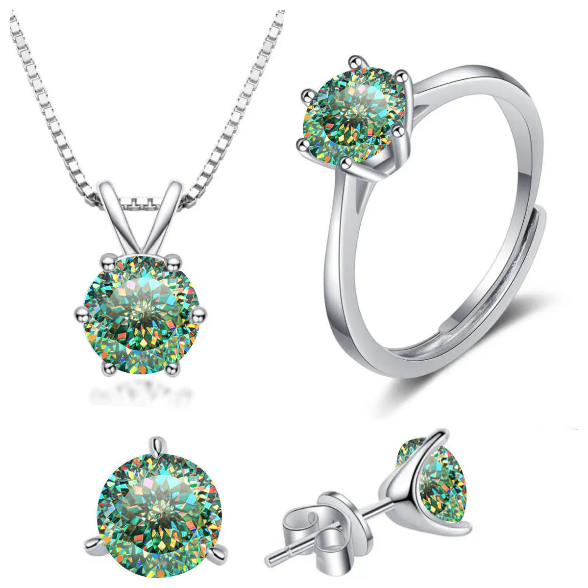 Colored Moissanite Necklace, Stud Earrings & Ring Set — Green 100 Cut set