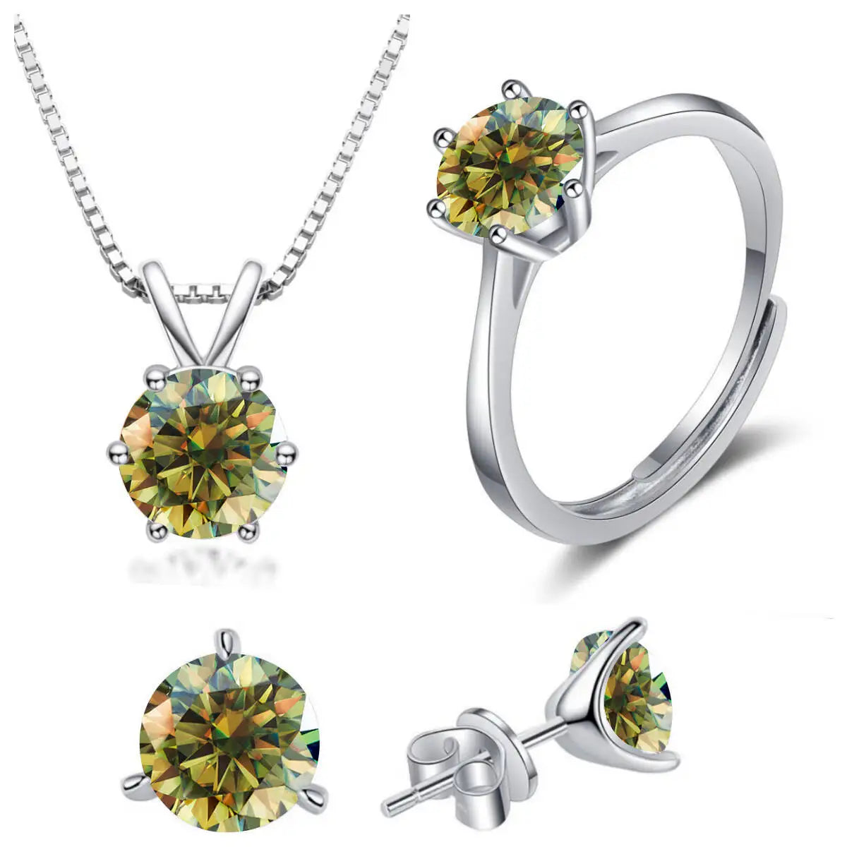Colored Moissanite Necklace, Stud Earrings & Ring Set — Yellow green set