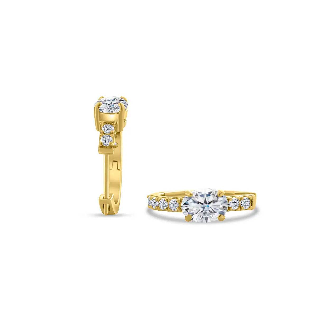 Colorful Oval Moissanite Hoop Earrings in Sterling Silver — Gold-Tone White stone pair