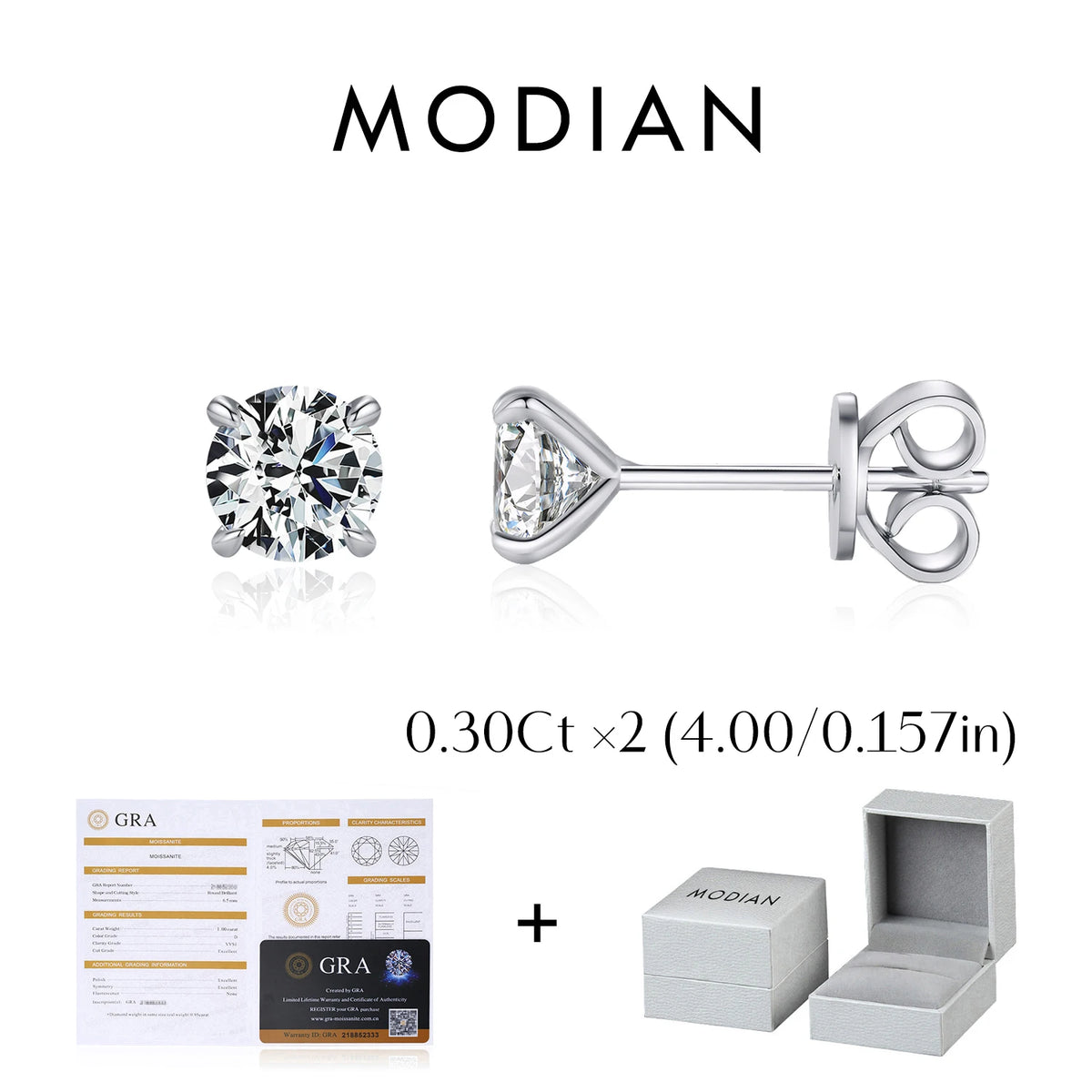 Four-Prong Round Moissanite Stud Earrings in Sterling Silver - Photo labeled 0.3 ct and 4 mm