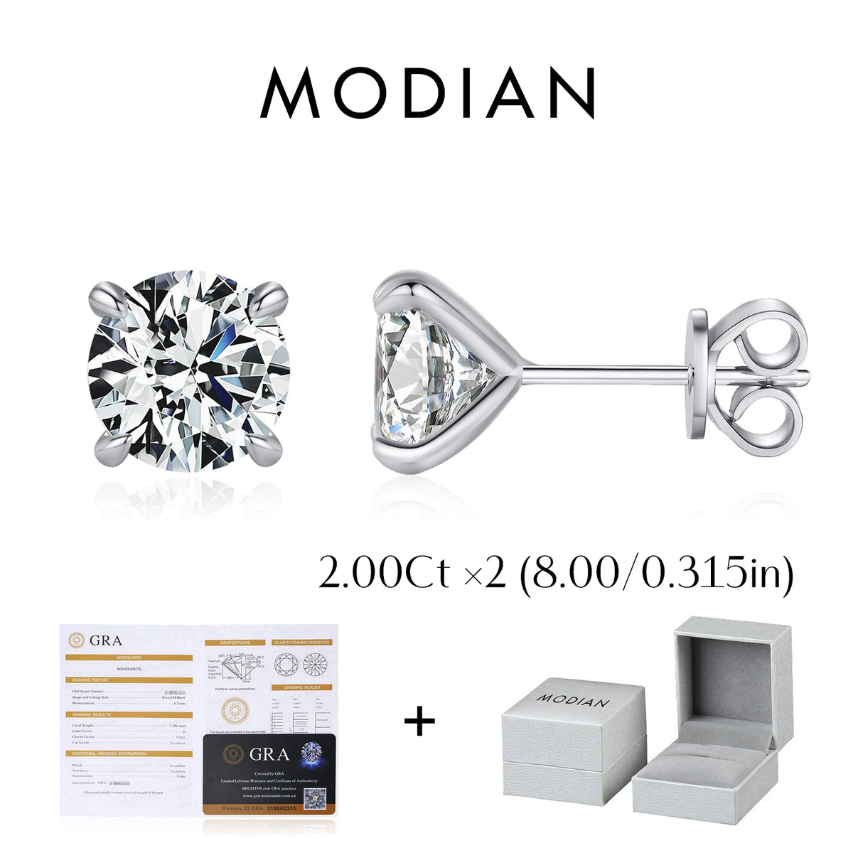 Four-Prong Round Moissanite Stud Earrings in Sterling Silver - Photo labeled 2 ct and 8 mm
