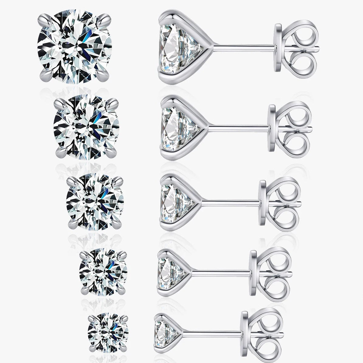 Four-Prong Round Moissanite Stud Earrings in Sterling Silver - Stud size comparison with front and side views