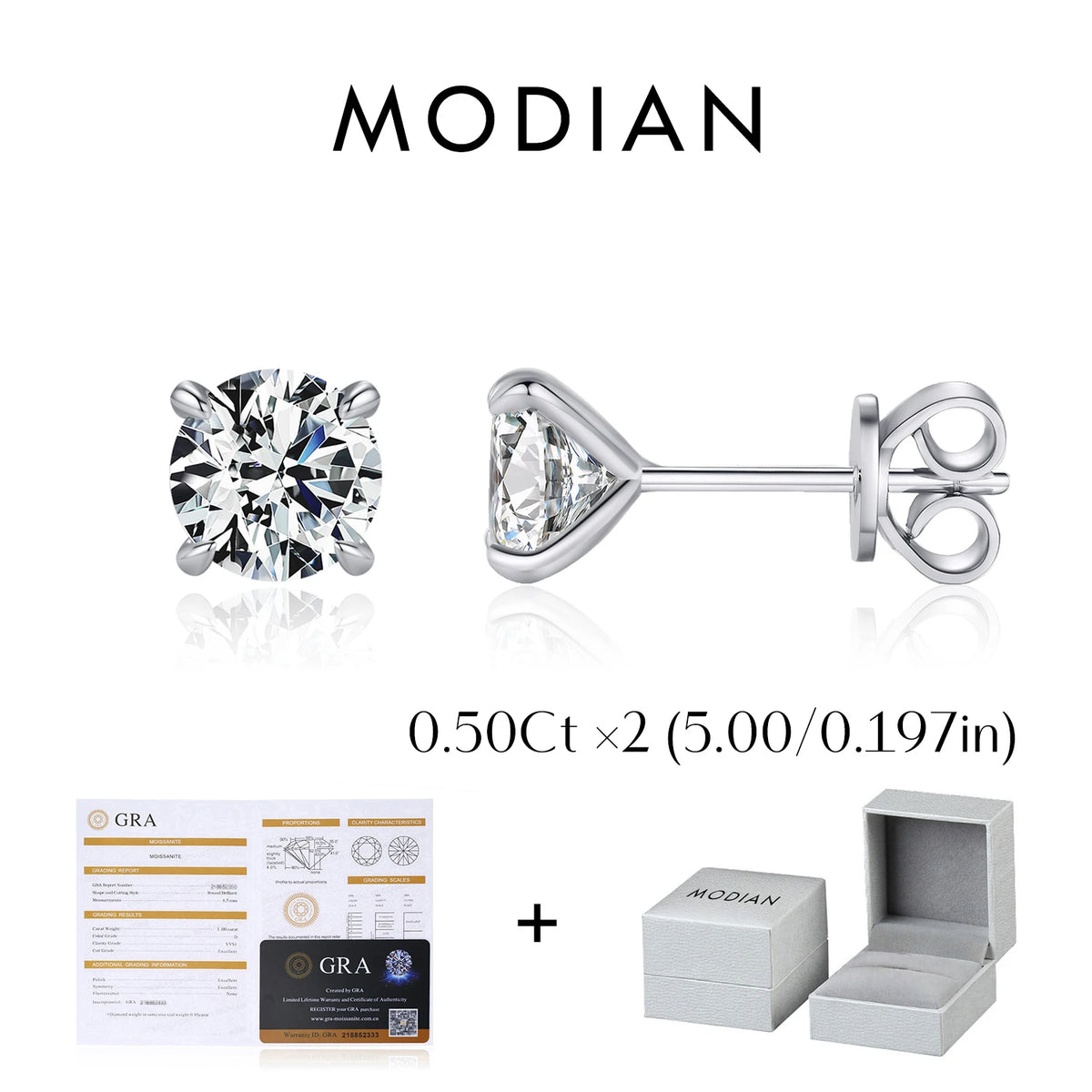 Four-Prong Round Moissanite Stud Earrings in Sterling Silver - Photo labeled 0.5 ct and 5 mm