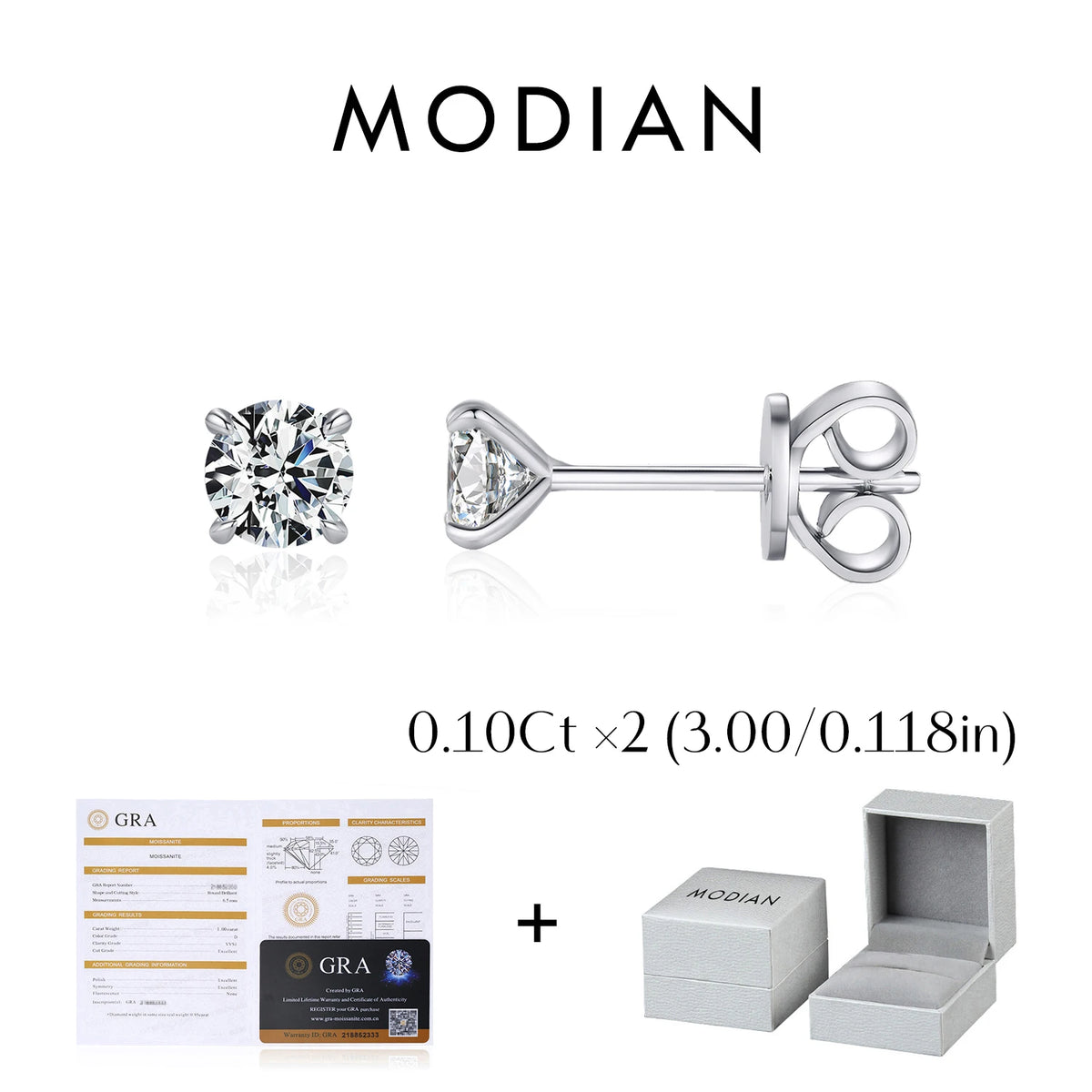 Four-Prong Round Moissanite Stud Earrings in Sterling Silver - Photo labeled 0.1 ct and 3 mm