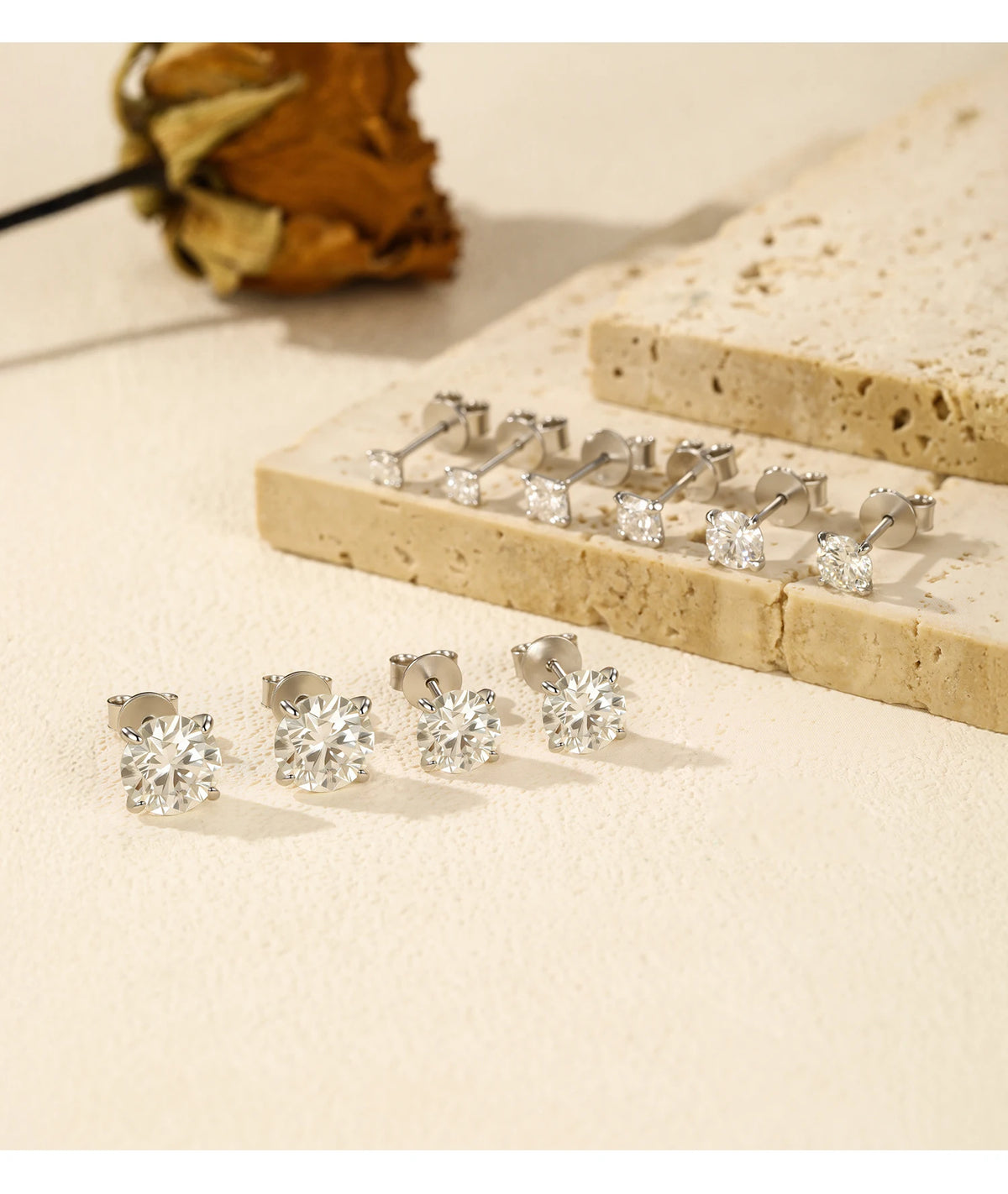 Four-Prong Round Moissanite Stud Earrings in Sterling Silver - Stud pairs and butterfly backs
