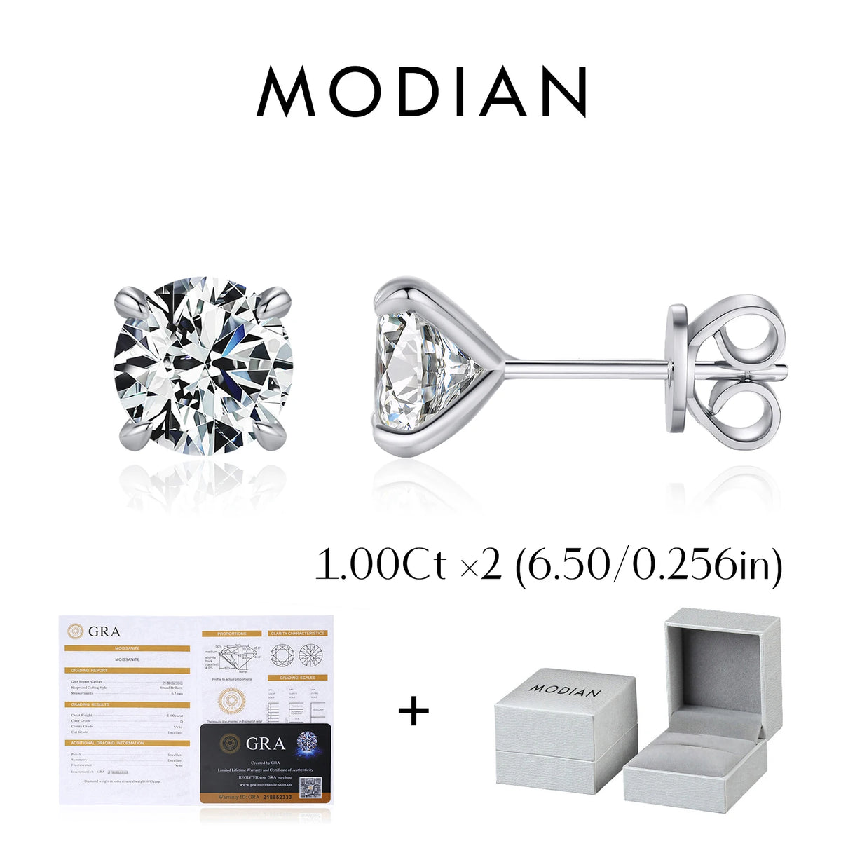 Four-Prong Round Moissanite Stud Earrings in Sterling Silver - Photo labeled 1 ct and 6.5 mm