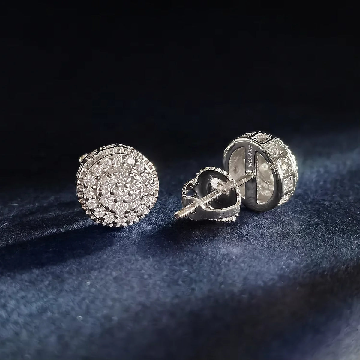 Moissanite Round Cluster Stud Earrings in Sterling Silver — Cluster setting and butterfly back — BandsCo Straps