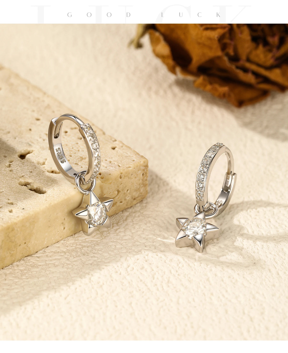 Star Moissanite Hoop Drop Earrings in Sterling Silver — Star drops, side view